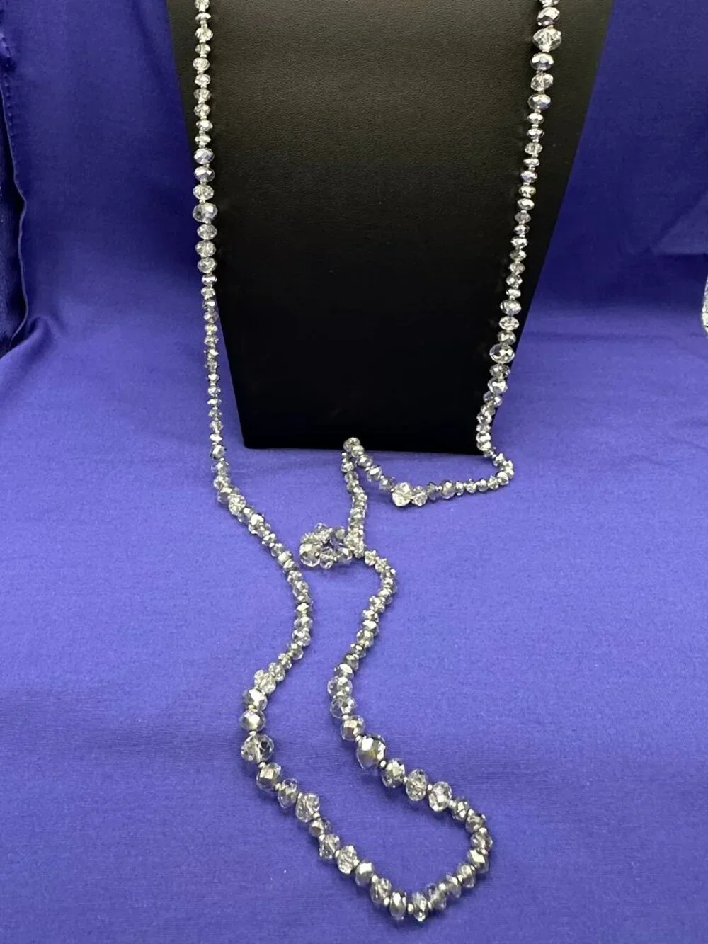 VTG WH/BM Long Smoky Glass Beads Silver-Tone Setting